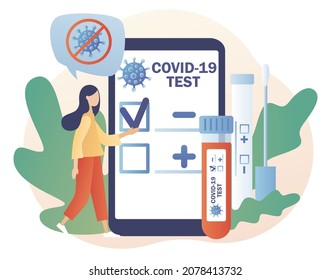 Positive or negative testing result in smartphone app. Covid-19 testing. Tiny doctor or nurse doing Coronavirus PCR test. Patient receiving Covid-19 rapid test. Modern flat cartoon style. Vector