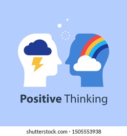 Positive or negative thinking, cloud and rainbow in head, good or bad attitude, mindset concept, feel happy or unhappy, vector flat illustration