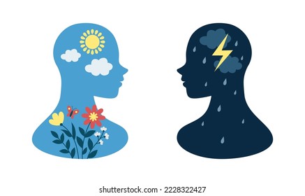 Positive, negative thinking, depressed changes. Woman brain weather in head, good mind. Day and night, wellness and balance. Self care. Mental health vector concept tidy set