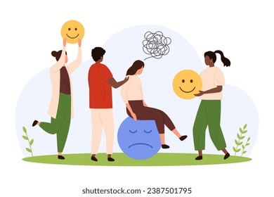 Positive and negative thinking, emotional intelligence improvement, mental health vector illustration. Cartoon happy tiny people offer emojis with smiles to girl sitting on sad emoticon, improve mood