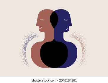 Positive and negative thinking, emotions in one person. Good and bad days, sad and happy. Abstract human head. Vector illustration