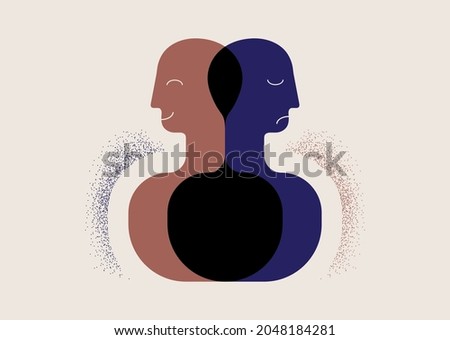 Positive and negative thinking, emotions in one person. Good and bad days, sad and happy. Abstract human head. Vector illustration