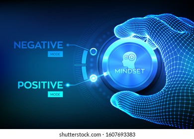 Positive or negative thinking. Feel happy or unhappy. Good or bad attitude. Wireframe hand turning a knob to switch from negative to positive mindset. Psychology Concept. Vector illustration.