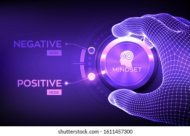 Positive Or Negative Thinking. Feel Happy Or Unhappy. Good Or Bad Attitude. Wireframe Hand Turning A Knob To Switch From Negative To Positive Mindset. Psychology Concept. Vector Illustration.