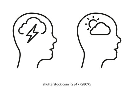 Positive und Negative Thinking Line Icon Set. Menschlicher Kopf mit trauriger und guter Laune Piktogramm. Psychische Gesundheit, Mind Problem Outline Signatur. Gesundes Mind Symbol. Bearbeitbarer Stroke. Einzelne Vektorgrafik.