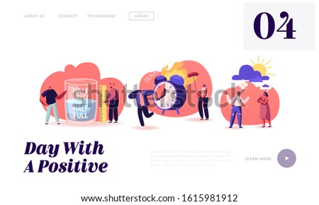 Positive and Negative Thinking Pessimist and Optimist People Website Landing Page. Half Full or Empty Glass with Water, Bad or Good Weather, Deadline Web Page Banner. Cartoon Flat Vector Illustration