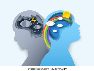 Ilustración del vector de pensamiento positivo o negativo. Cabeza humana de perfil con nubes lluviosas y clima de arco iris soleado dentro de la cabeza. Salud mental, atención y manejo del estrés papel de corte de arte