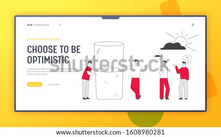 Positive and Negative Thinking Website Landing Page. Pessimist and Optimist Male Characters Stand at Huge Half Full or Empty Glass with Water Web Page Banner. Cartoon Flat Vector Illustration Line Art