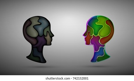 positive and negative thoughts concept, two man profiles with colored shapes inside, satisfaction and dissatisfaction concept, vector