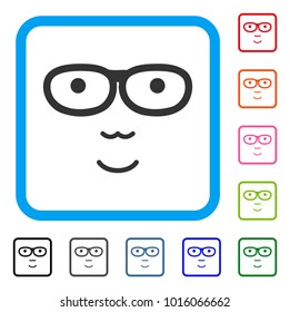 Positive Nerd Face vector pictograph. Person face has smiling emotions. Black, grey, green, blue, red, pink color additional versions of nerd face symbol in a rounded square.