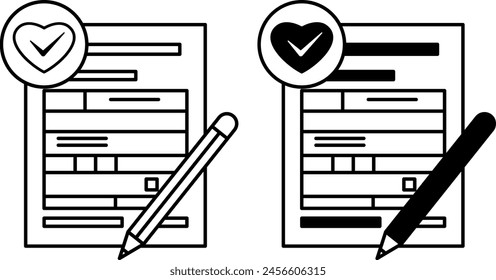 Positive Note Icons. Black and White Vector Icons Letterhead with Heart and Checkmark. Marking Successful Completion of a Task. Positive Thinking Concept