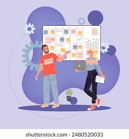 Positive office employees discussing new business ideas. Young people standing at planning board and talking. Vector illustration for brainstorming, briefing, scrum management concept
