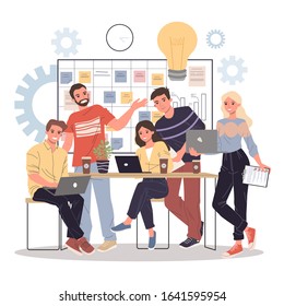 Positive office employees with laptops discussing ideas. Young people standing at planning board, drinking coffee, talking. Vector illustration for brainstorming, briefing, scrum management concept