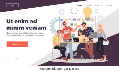 Positive office employees with laptops discussing ideas. Young people standing at planning board, drinking coffee, talking. Vector illustration for brainstorming, briefing, scrum management concept