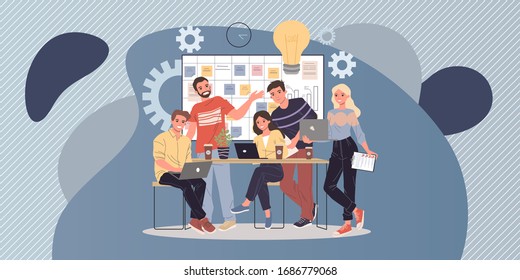 Positive office employees with laptops discussing ideas. Young people standing at planning board, drinking coffee, talking. Vector illustration for brainstorming, briefing, scrum management concept