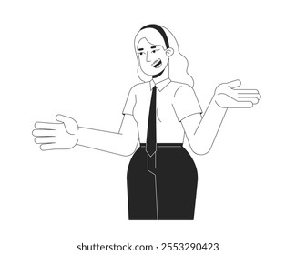 Trabajadora de oficina rubia mujer gesticulando en blanco y negro 2D línea de carácter. Empleado joven femenino animado empleado camisa corbata aislada Vector contorno persona. Ilustración de punto monocromático