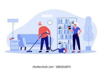 Positive old couple cleaning house together. Vacuum cleaner, book, room flat vector illustration. Housekeeping and retirement concept for banner, website design or landing web page