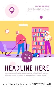 Positive old couple cleaning house together. Vacuum cleaner, book, room flat vector illustration. Housekeeping and retirement concept for banner, website design or landing web page