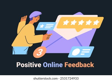 Positive online feedback concept illustration depicting a person interacting with rating icons and messages on a dark background website interface