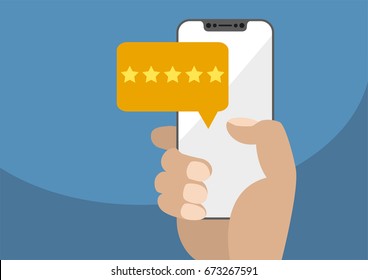 Positive online rating and customer survey vector illustration. Hand holding modern bezel-free, frameless smartphone with yellow five star rating message displayed next to touchscreen