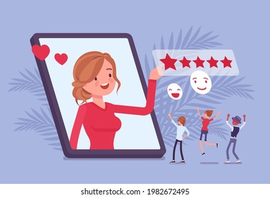 Positive online reputation management, excellent rating star scale. Building and maintaining reputable opinion of brand for potential customers, good review. Vector flat style cartoon illustration