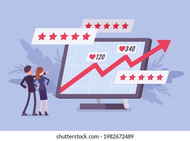 Positive online reputation management, growing up arrow graph. Giant screen with excellent e-reputation of a company, person, product, service or business. Vector flat style cartoon illustration