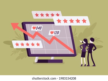 Positive Online Reputation Management, Growing Up Arrow Graph. Giant Screen With Excellent E-reputation Of A Company, Person, Product, Service Or Business. Vector Flat Style Cartoon Illustration