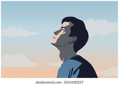 concepto de optimismo positivo, ilustración de persona mirando el cielo, esperanza, creencia, fe, relajación -calma, verano fondo de atardecer