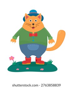 Positive orange cat in clothes standing on a flowered lawn. Smiling mascot cat is wearing a blue hat, a green shirt with a red bow, blue pants and red boots on white background