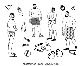 Positive overweight men and sports equipment. The concept of accepting your body.
