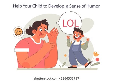 Positive parenting advice. Help your child to develop a sense of humor. Child giggles with mom funny face. Sharing jokes teaches empathy and kindness. Flat vector illustration