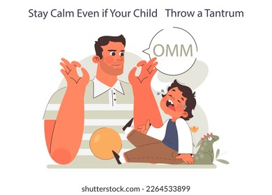 Positive parenting advice. Stay calm even if your child throw a tantrum. Staying patient can soothe a crying boy. Family emotional support. Flat vector illustration