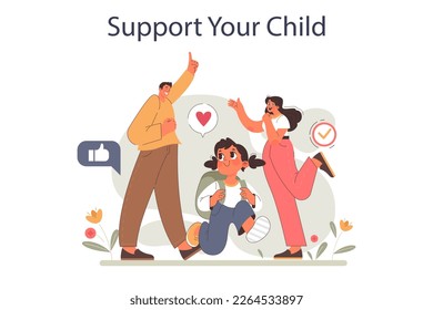 Positive parenting advice. Support your child. Comfort and help from mom and dad. Parents and children communication and interaction. Happiness and togetherness in the family. Flat vector illustration