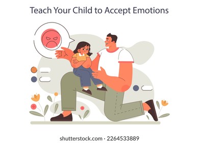 Positive parenting advice. Teach your child to accept emotions. Little girl expressing displeasure. Emotions awareness and mental health. Support and education for kids. Flat vector illustration