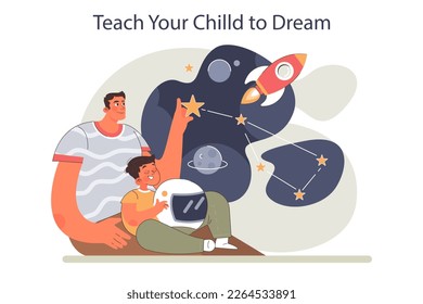 Positive parenting advice. Teach your chilld to dream. Dad nurturing child's imagination and confidence. Family comfort and support. Flat vector illustration