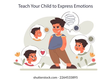 Positive parenting advice. Teach your child to express emotions. Little boy expressing difficult human emotions. Support and positive education for kids. Flat vector illustration