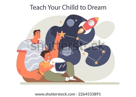 Positive parenting advice. Teach your chilld to dream. Dad nurturing child's imagination and confidence. Family comfort and support. Flat vector illustration