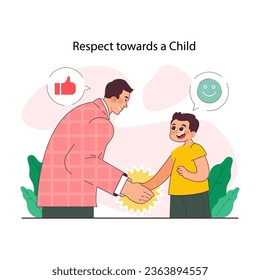 Positive parenting. Dad showing respect towards his little son. Formation of little child's social, emotional, mental, and intellectual skills. Happy family bond. Flat vector illustration