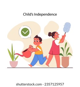 Positive parenting. Formation of children's independence and self-reliance. Little child gains everyday life skills and abilities. Accomplishing daily self-care. Flat vector illustration