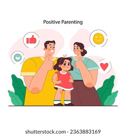 Positive parenting. Fostering advice. Formation of little child's social, emotional, physical, mental, and intellectual skills. Happy family bond. Flat vector illustration