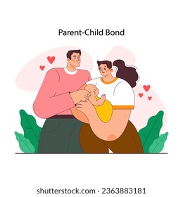 Positive parenting. Happy family bond. Fostering advice. Formation of little child's social, emotional, physical, mental, and intellectual skills. Flat vector illustration