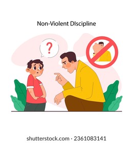 Positive parenting and non-violent discipline. Father setting rules. Formation of little boy social, emotional, mental, and intellectual skills. Happy family bond. Flat vector illustration