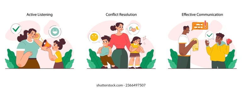 Positive parenting set. Fostering advice. Formation of little child's social, emotional, physical, mental, and intellectual skills. Happy family bond. Flat vector illustration