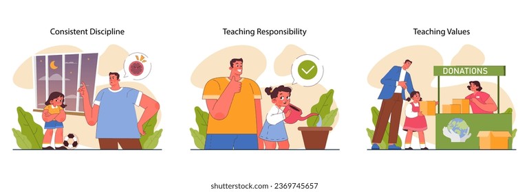 Positive parenting set. Nurturing of your child's responsibility. Kid learning family rules and values, household chores, discipline. Flat vector illustration