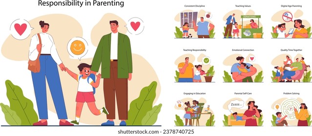 Juego de crianza positiva. Amortización de la responsabilidad de su hijo. El aprendizaje de los niños en las reglas y los valores de la familia, las tareas domésticas, la disciplina. Ilustración vectorial plana