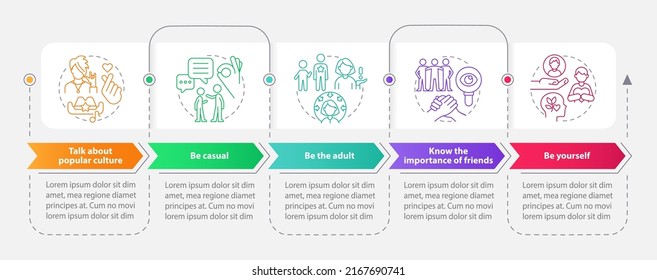 Positive parenting strategies rectangle infographic template. Data visualization with 5 steps. Editable timeline info chart. Workflow layout with line icons. Myriad Pro-Bold, Regular fonts used