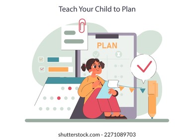 Positive parenting tips. Child learning how to plan and set a schedule. Time management and organization skill, leading to academic success. Formation of kid responsibility. Flat vector illustration