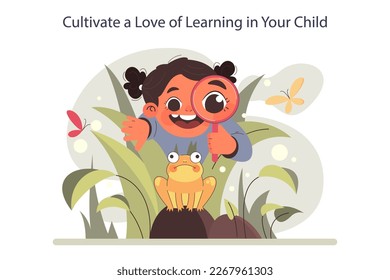 Positive parenting tips. Cultivate a love of learning in your child. Exploring new things develops a kid's mind. World exploration and curiosity. Parents support and care. Flat vector illustration