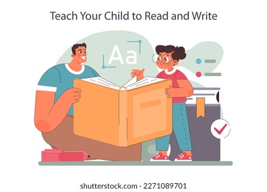 Positive parenting tips. Dad teaches his child to read and write using books. The child learns new words improving literacy for future academic success. Educational activity. Flat vector illustration