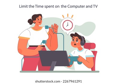 Positive parenting tips. Formation of your child's health and responsibility. Limit the time spent on the computer and tv. Screen-time reduction for life balance. Flat vector illustration